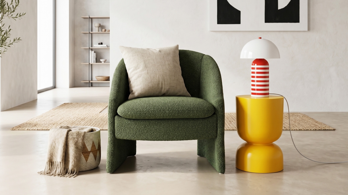 Fauteuil en bois et tissu bouclé vert kaki - Ami Fauteuil en bois et tissu bouclé vert kaki - Ami