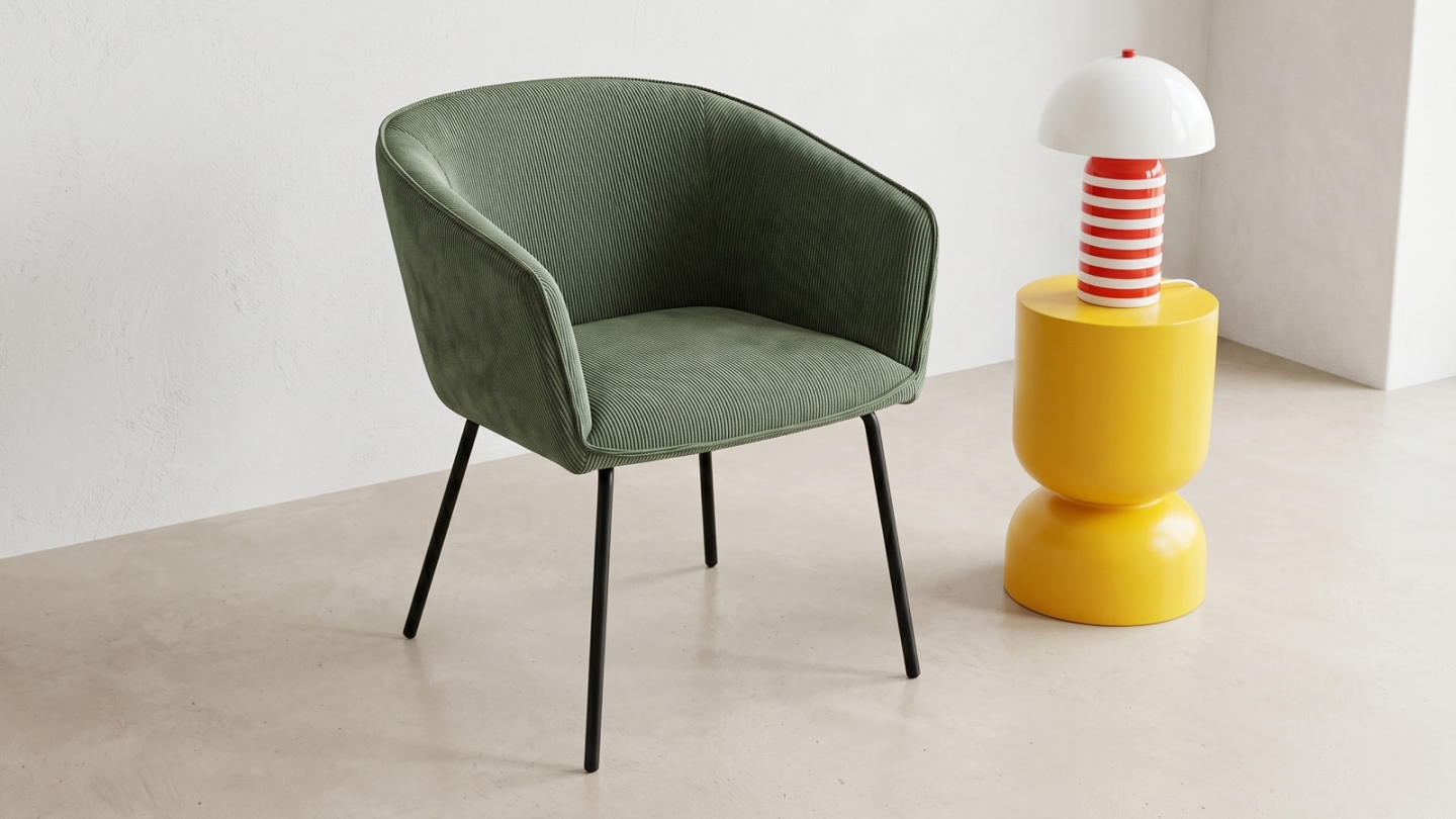 Lot de 2 fauteuils de repas en velours côtelé vert, piètement noir - Swann Lot de 2 fauteuils de repas en velours côtelé vert, piètement noir - Swann
