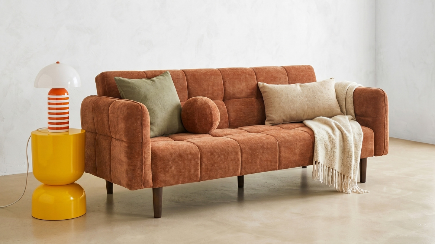 Canapé convertible 3 places en tissu chenille terracotta - Pavia Canapé convertible 3 places en tissu chenille terracotta - Pavia