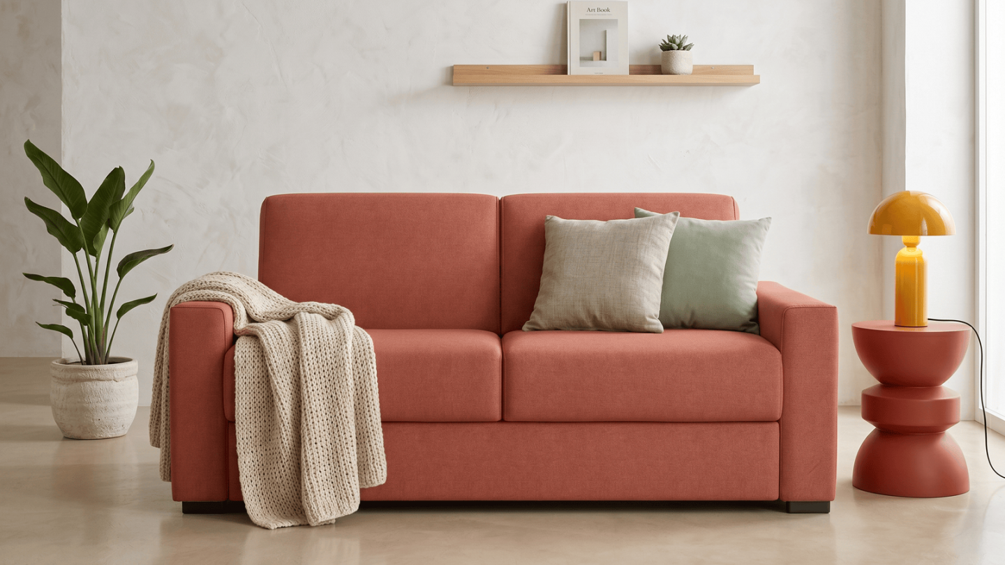 Canapé droit convertible 3 places en tissu chenille terracotta - ouverture express - Anzio Canapé droit convertible 3 places en tissu chenille terracotta - ouverture express - Anzio