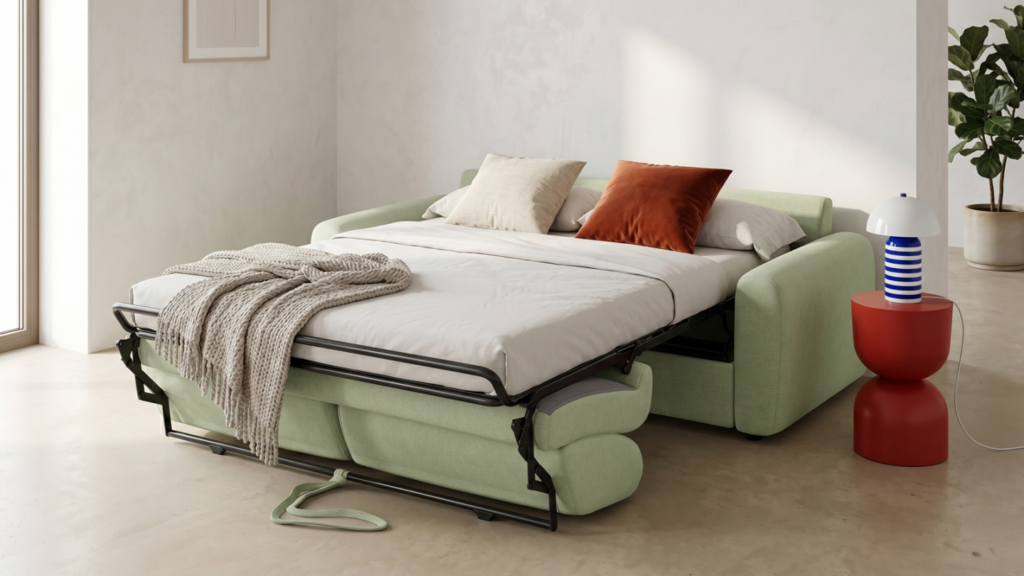 Canapé droit convertible 3 places en tissu chenille vert sauge - ouverture express - Salvia Canapé droit convertible 3 places en tissu chenille vert sauge - ouverture express - Salvia