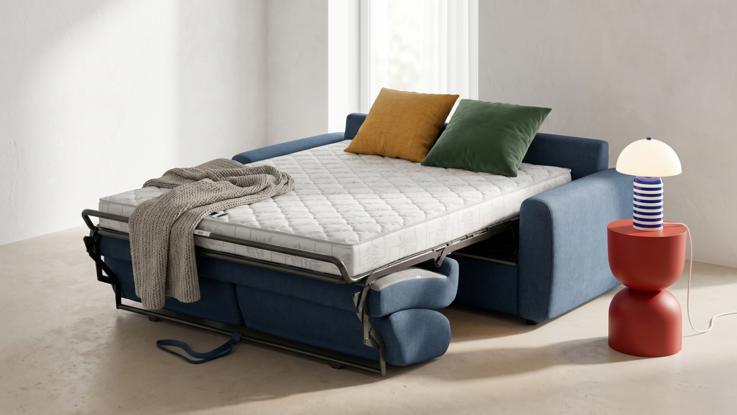 Canapé droit convertible 3 places en tissu chenille bleu foncé - ouverture express - Salvia Canapé droit convertible 3 places en tissu chenille bleu foncé - ouverture express - Salvia