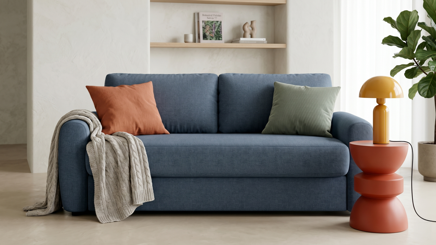 Canapé droit convertible 3 places en tissu chenille bleu foncé - ouverture express - Salvia Canapé droit convertible 3 places en tissu chenille bleu foncé - ouverture express - Salvia