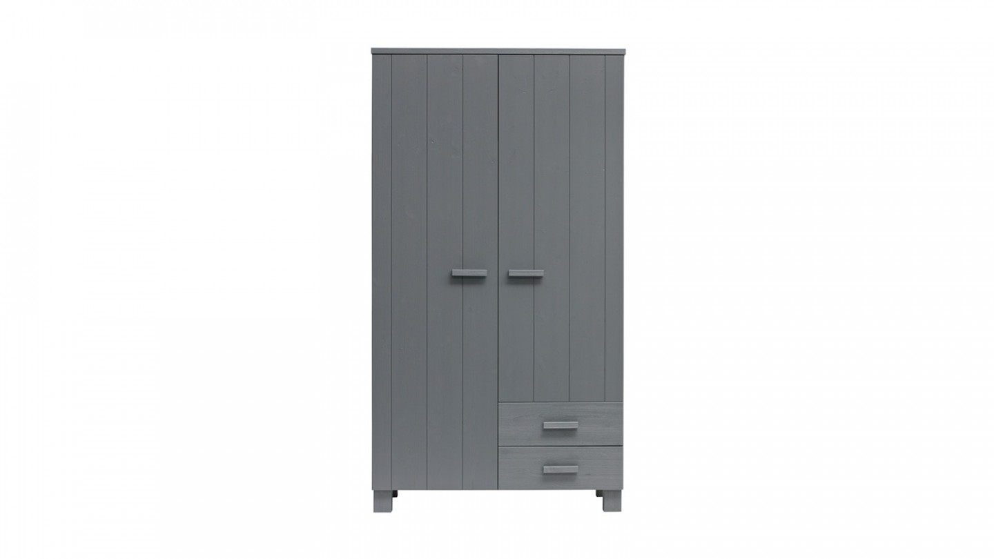 Armoire 2 portes 2 tiroirs en pin gris anthracite - Collection Dennis - Woood