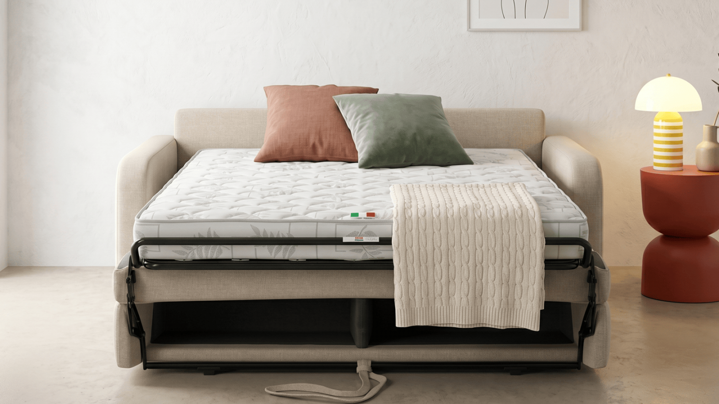 Canapé droit convertible 3 places en tissu chenille beige - ouverture express - Lumio Canapé droit convertible 3 places en tissu chenille beige - ouverture express - Lumio
