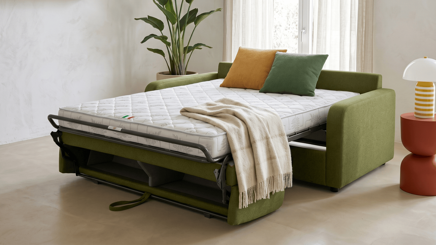 Canapé droit convertible 3 places en tissu chenille vert olive - ouverture express - Lumio Canapé droit convertible 3 places en tissu chenille vert olive - ouverture express - Lumio