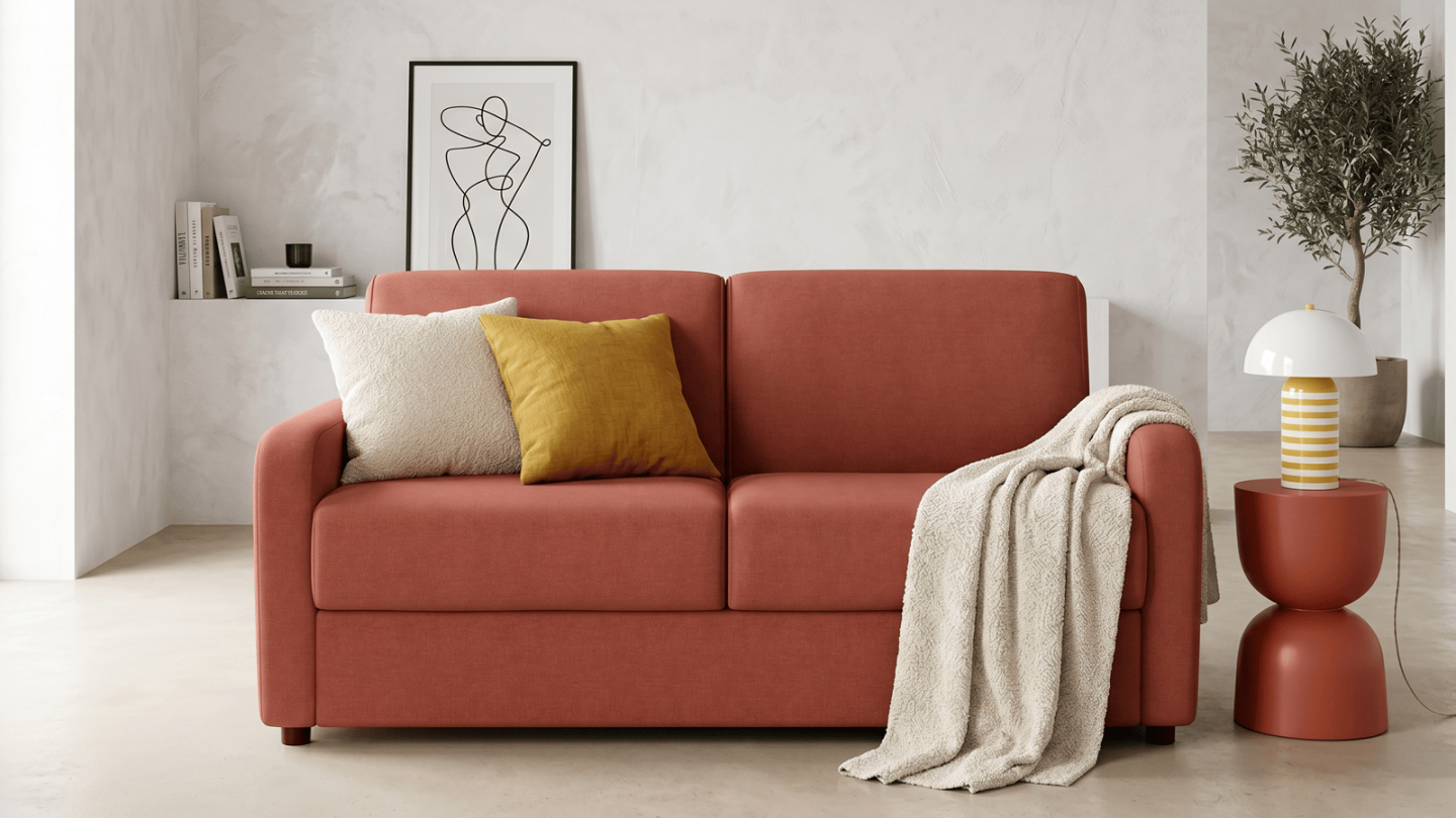 Canapé droit convertible 3 places en tissu chenille terracotta - ouverture express - Lumio Canapé droit convertible 3 places en tissu chenille terracotta - ouverture express - Lumio