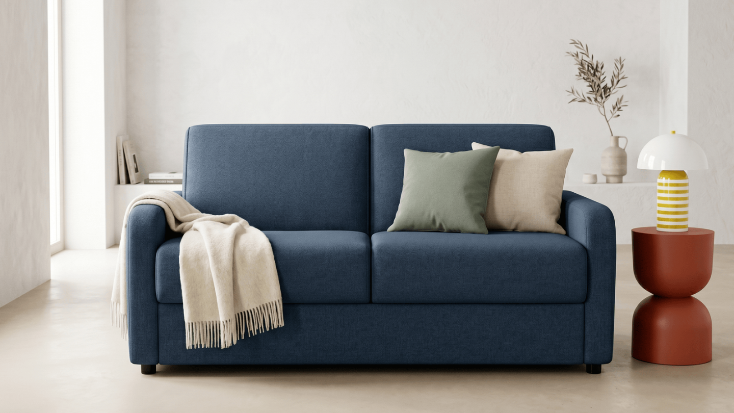 Canapé droit convertible 3 places en tissu chenille bleu foncé - ouverture express - Lumio Canapé droit convertible 3 places en tissu chenille bleu foncé - ouverture express - Lumio