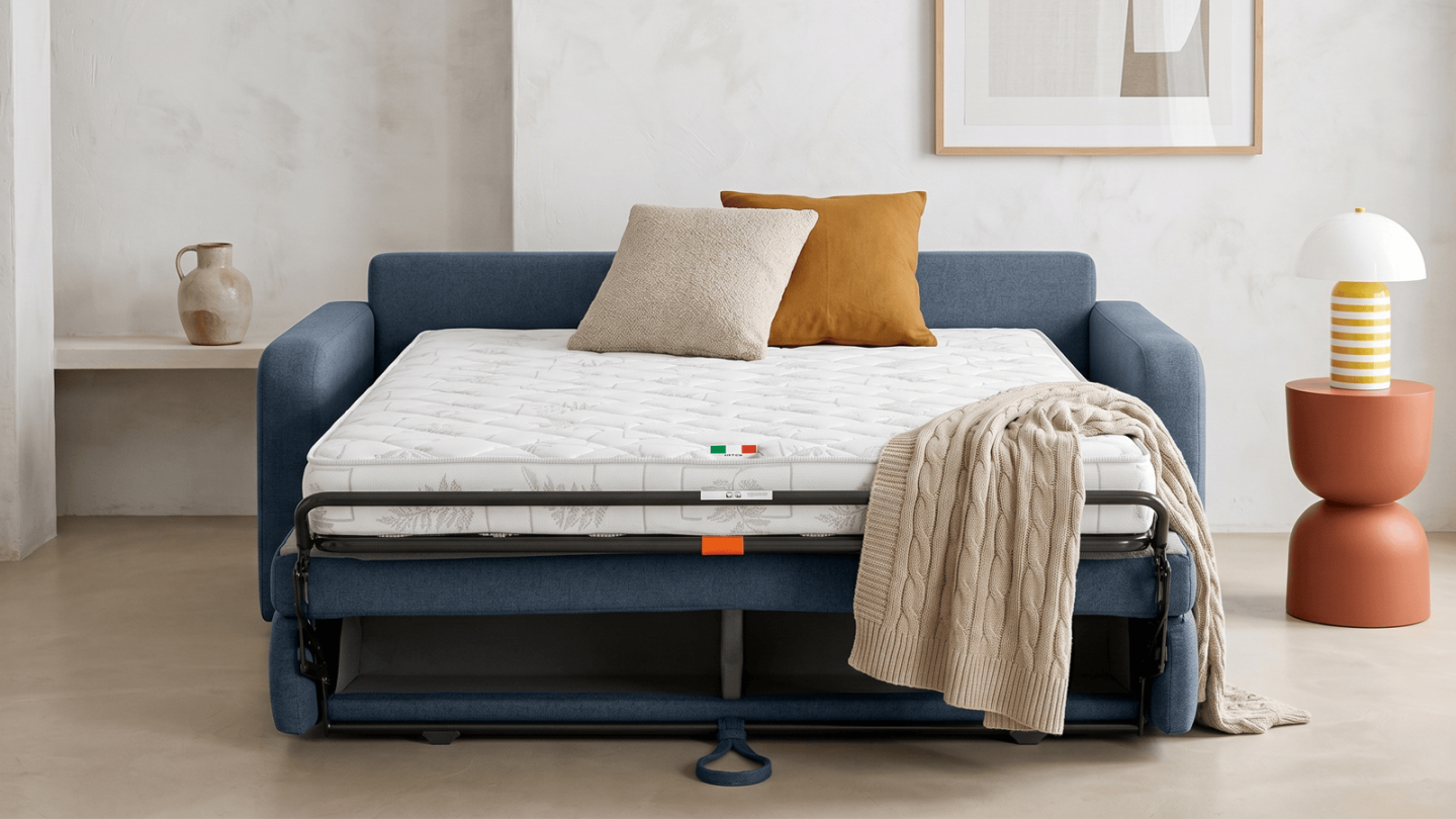 Canapé droit convertible 3 places en tissu chenille bleu foncé - ouverture express - Lumio Canapé droit convertible 3 places en tissu chenille bleu foncé - ouverture express - Lumio