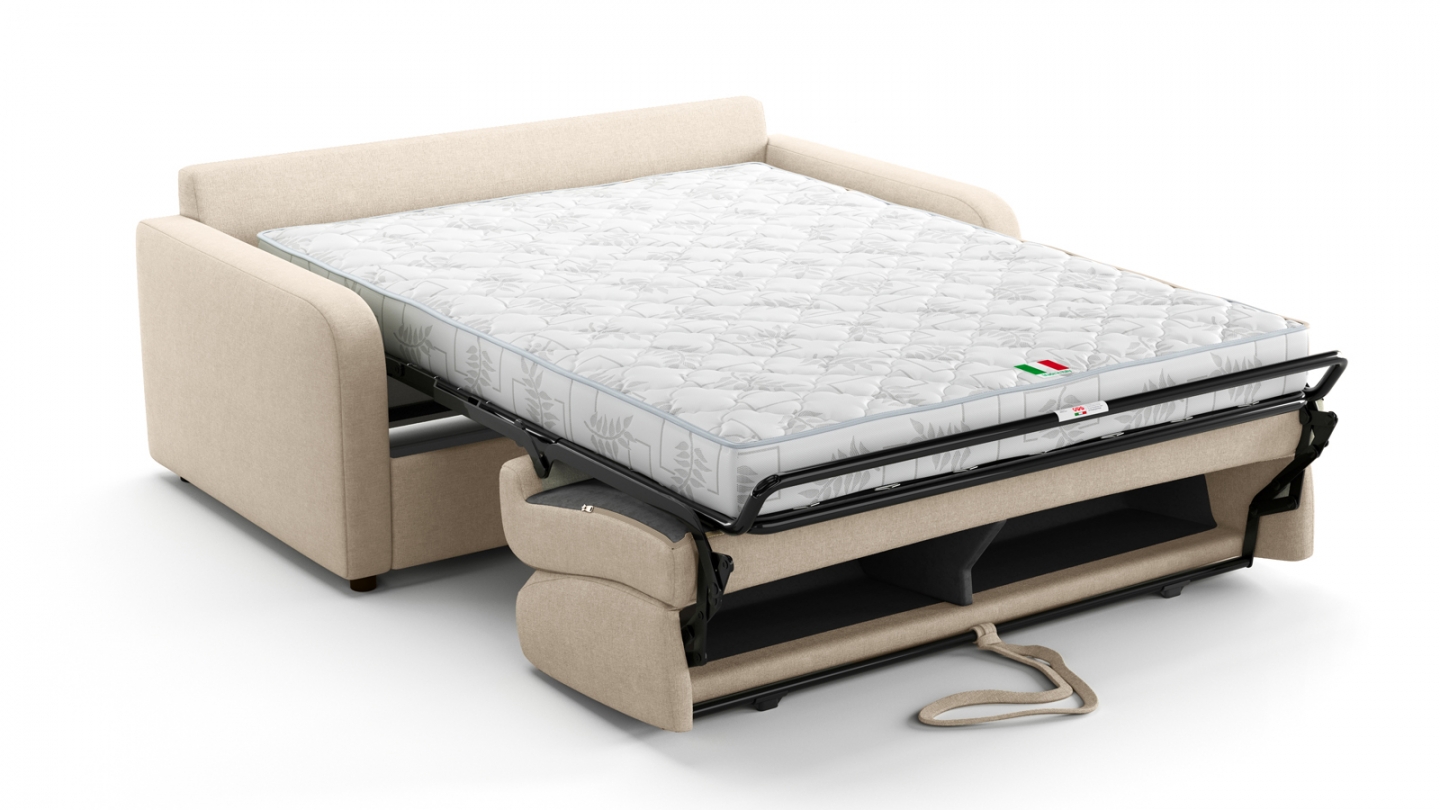 Canapé droit convertible 3 places en tissu chenille beige - ouverture express - Lumio Canapé droit convertible 3 places en tissu chenille beige - ouverture express - Lumio