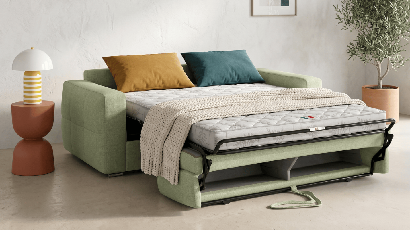 Canapé capitonné convertible 3 places en tissu chenille vert sauge - ouverture express - Cassian Canapé capitonné convertible 3 places en tissu chenille vert sauge - ouverture express - Cassian