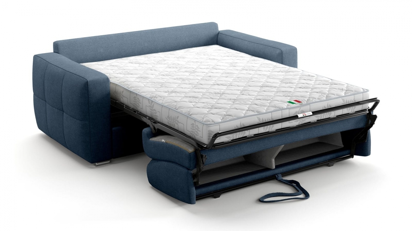 Canapé capitonné convertible 3 places en tissu chenille bleu foncé - ouverture express - Cassian Canapé capitonné convertible 3 places en tissu chenille bleu foncé - ouverture express - Cassian