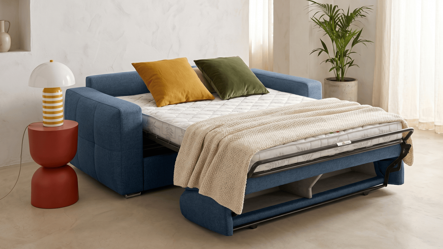 Canapé capitonné convertible 3 places en tissu chenille bleu foncé - ouverture express - Cassian Canapé capitonné convertible 3 places en tissu chenille bleu foncé - ouverture express - Cassian