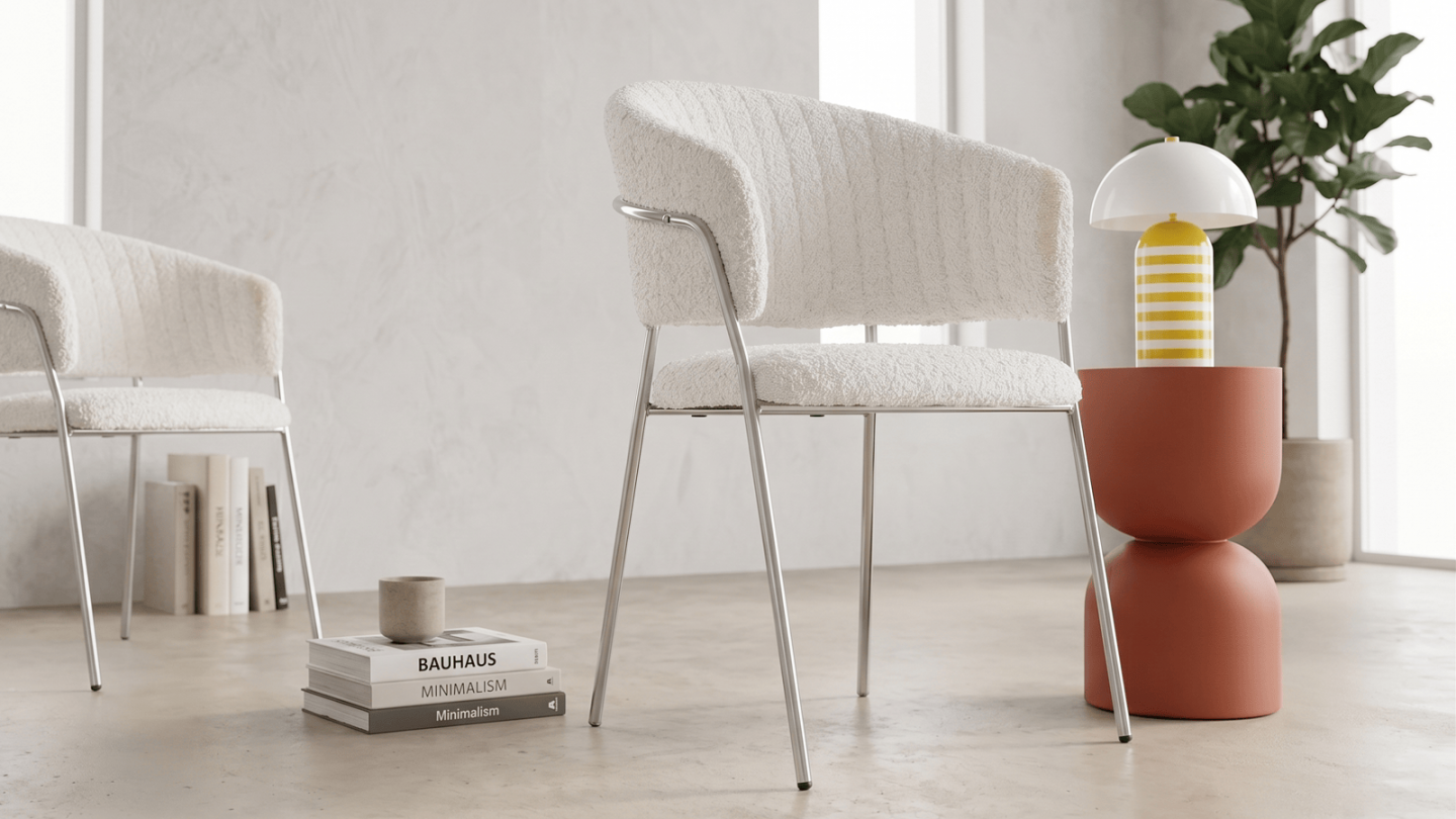 Lot de 2 chaises en tissu bouclé beige et piètement chromé - Isya Lot de 2 chaises en tissu bouclé beige et piètement chromé - Isya