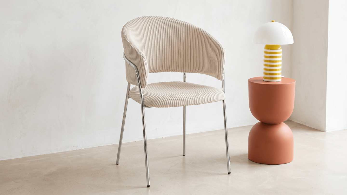 Lot de 2 chaises en velours côtelé beige et piètement chromé - Isya Lot de 2 chaises en velours côtelé beige et piètement chromé - Isya