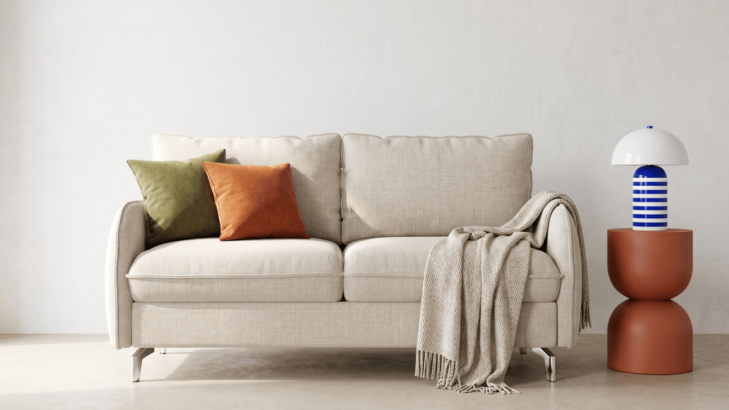 Canapé droit convertible 3 places en tissu chenille beige - ouverture express - Novoli Canapé droit convertible 3 places en tissu chenille beige - ouverture express - Novoli