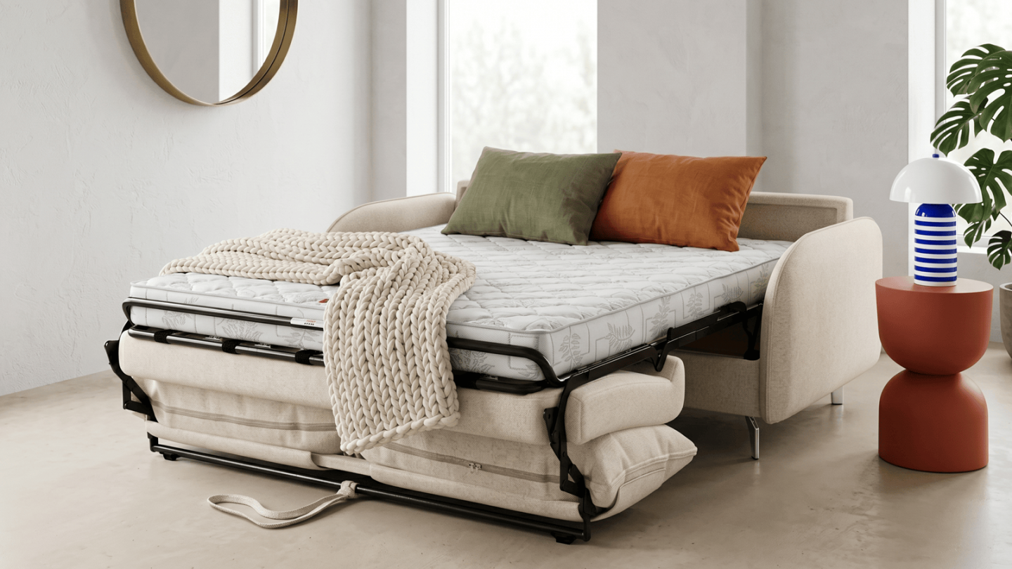 Canapé droit convertible 3 places en tissu chenille beige - ouverture express - Novoli Canapé droit convertible 3 places en tissu chenille beige - ouverture express - Novoli