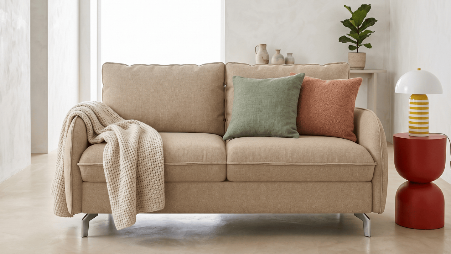 Canapé droit convertible 3 places en tissu chenille taupe - ouverture express - Novoli Canapé droit convertible 3 places en tissu chenille taupe - ouverture express - Novoli