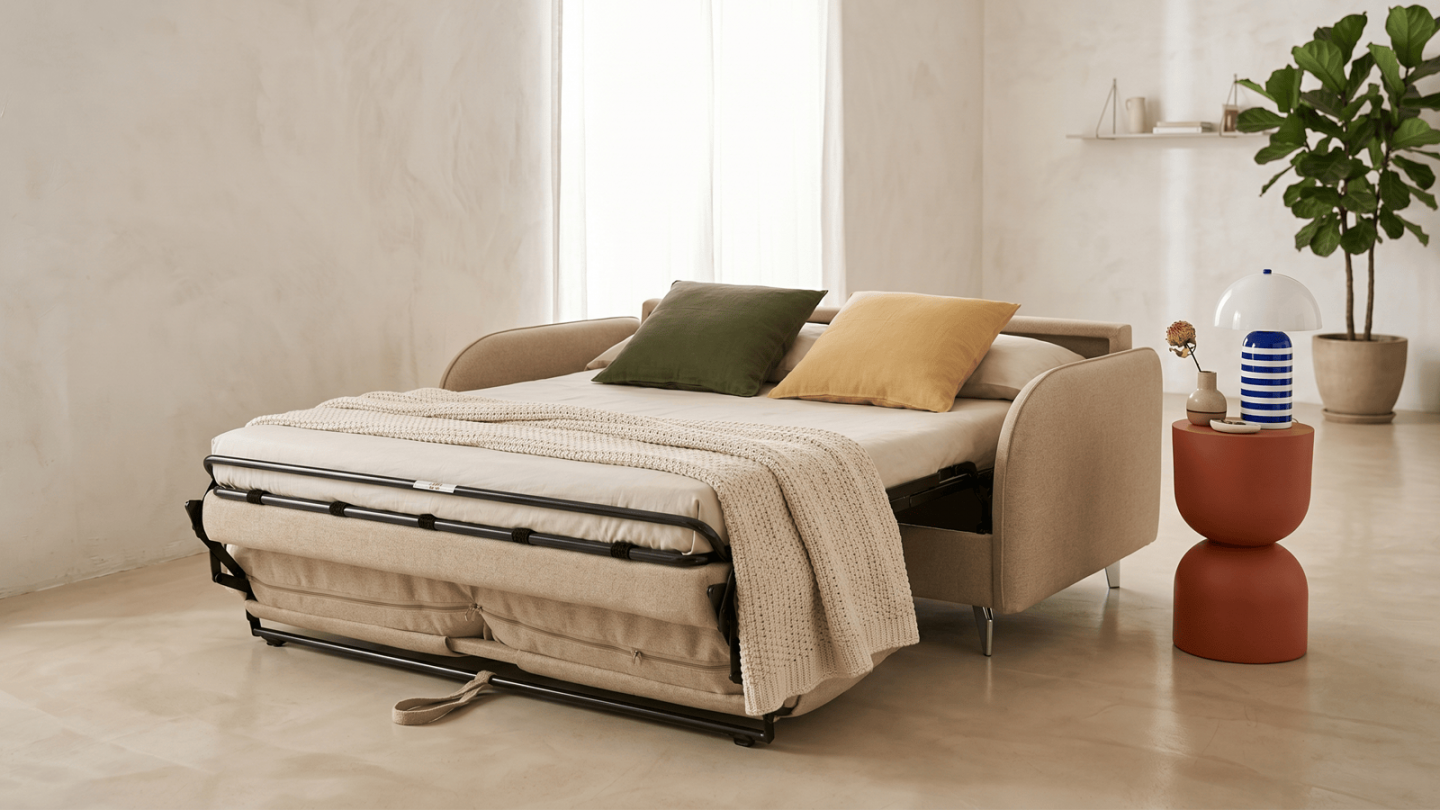 Canapé droit convertible 3 places en tissu chenille taupe - ouverture express - Novoli Canapé droit convertible 3 places en tissu chenille taupe - ouverture express - Novoli