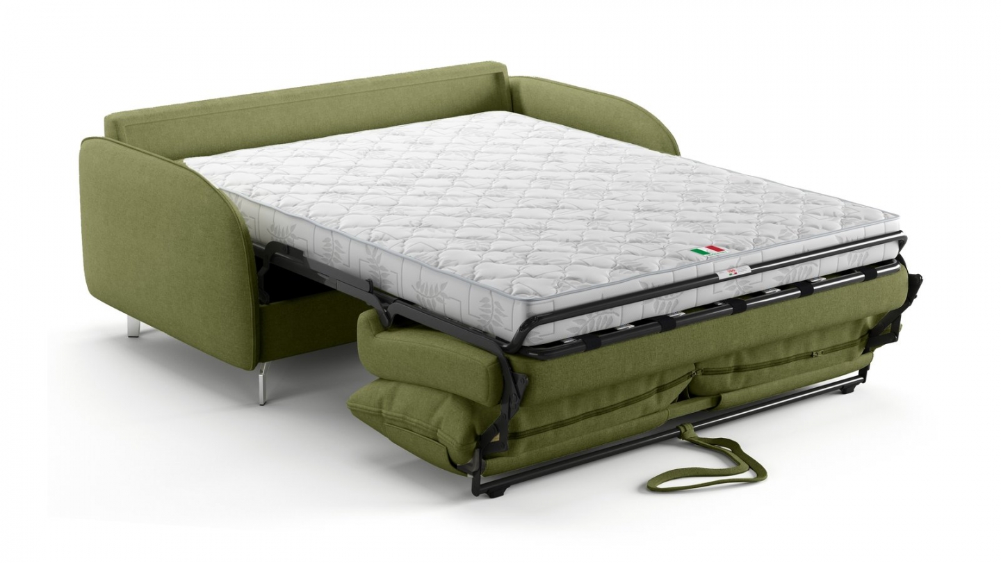 Canapé droit convertible 3 places en tissu chenille vert olive - ouverture express - Novoli Canapé droit convertible 3 places en tissu chenille vert olive - ouverture express - Novoli