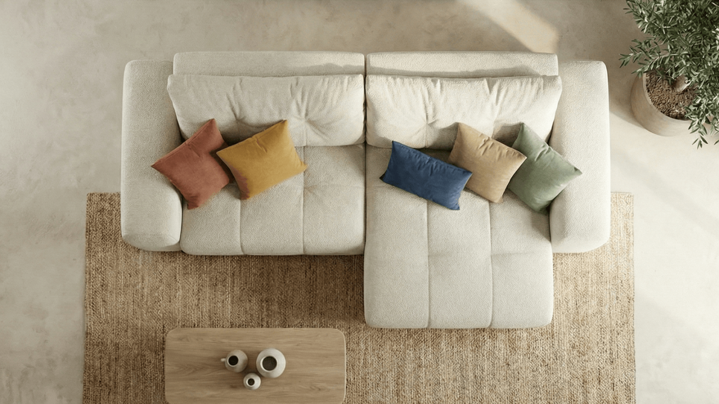 Canapé d'angle réversible convertible 4 places en tissu chenille beige - Alba Canapé d'angle réversible convertible 4 places en tissu chenille beige - Alba