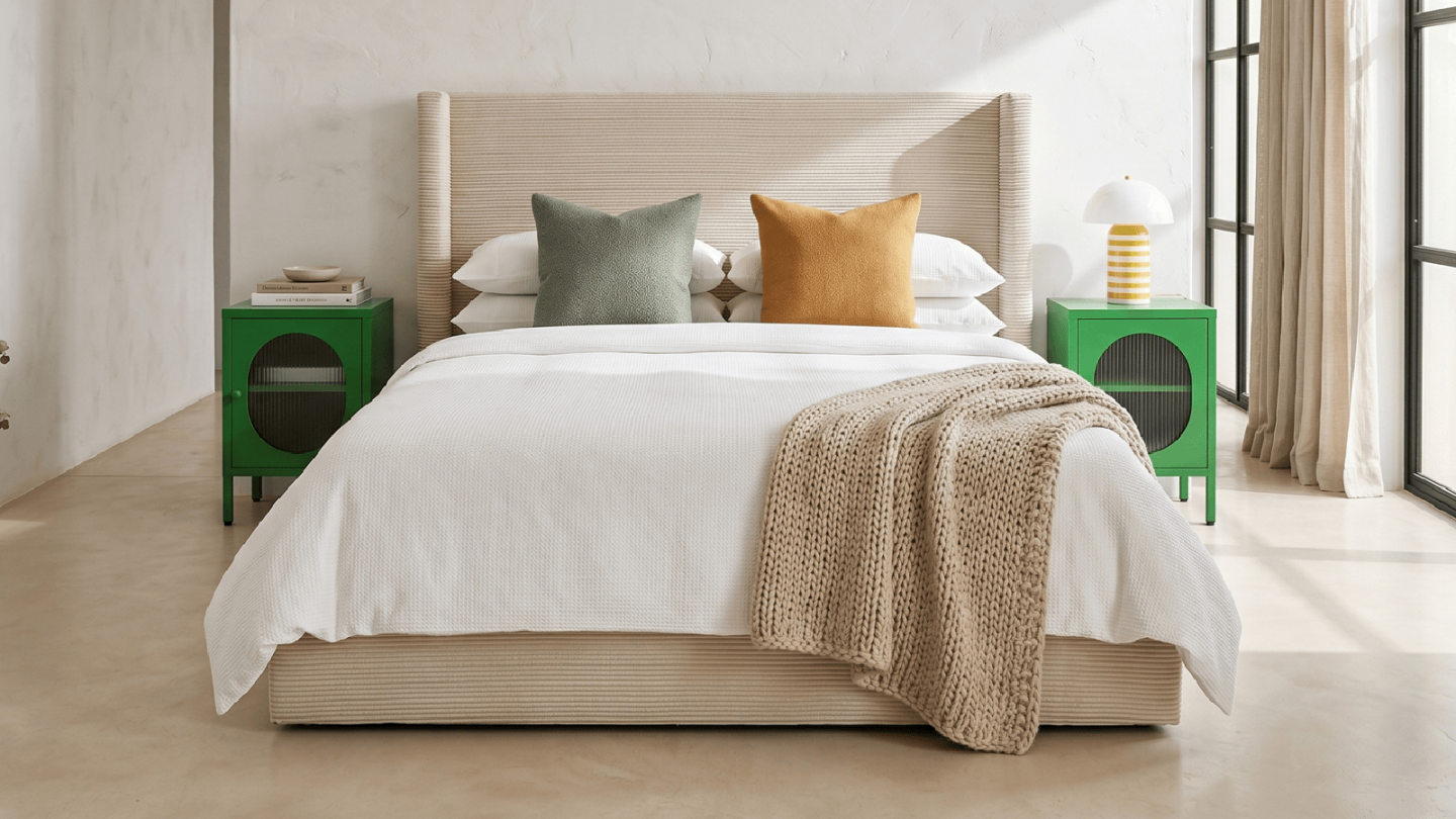 Lit adulte 140x190 cm avec tête de lit capitonnée en velours côtelé beige - Frida Lit adulte 140x190 cm avec tête de lit capitonnée en velours côtelé beige - Frida