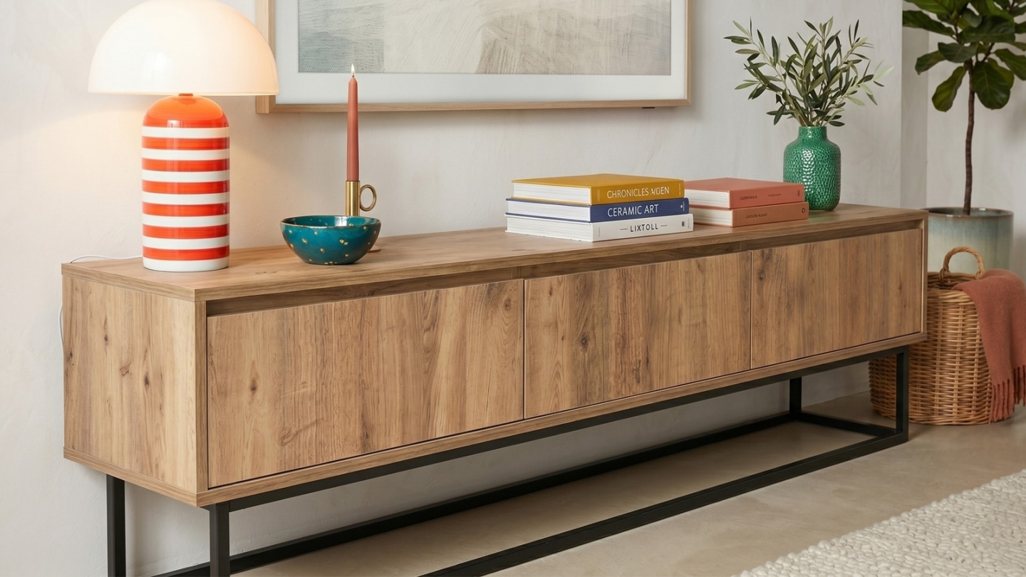 Meuble TV 3 tiroirs effet bois 180 cm - Breno Meuble TV 3 tiroirs effet bois 180 cm - Breno