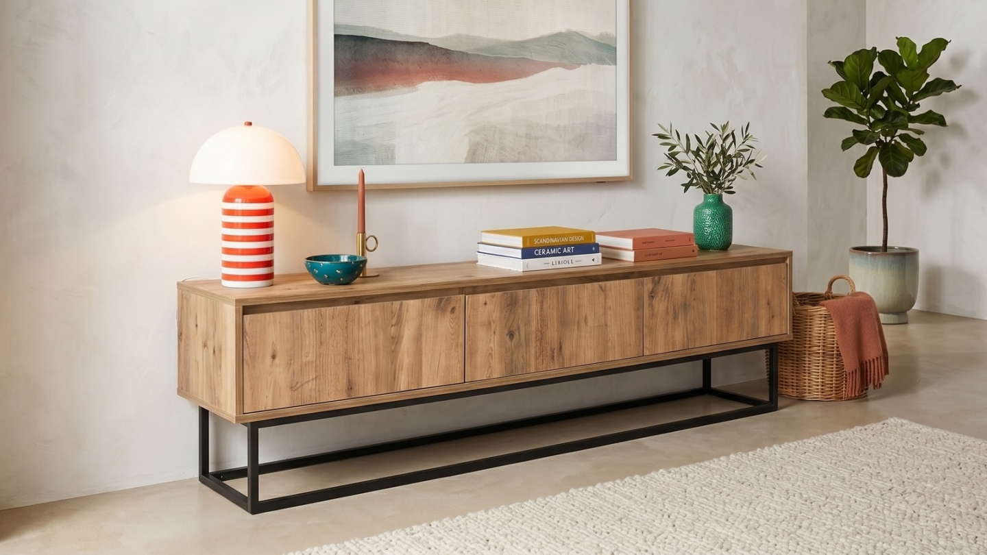 Meuble TV 3 tiroirs effet bois 180 cm - Breno Meuble TV 3 tiroirs effet bois 180 cm - Breno