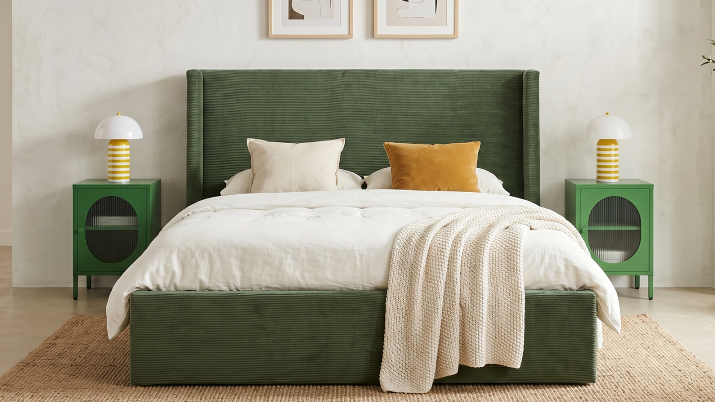 Lit coffre adulte 160x200 cm avec tête de lit capitonnée en velours côtelé vert kaki - Elma Lit coffre adulte 160x200 cm avec tête de lit capitonnée en velours côtelé vert kaki - Elma