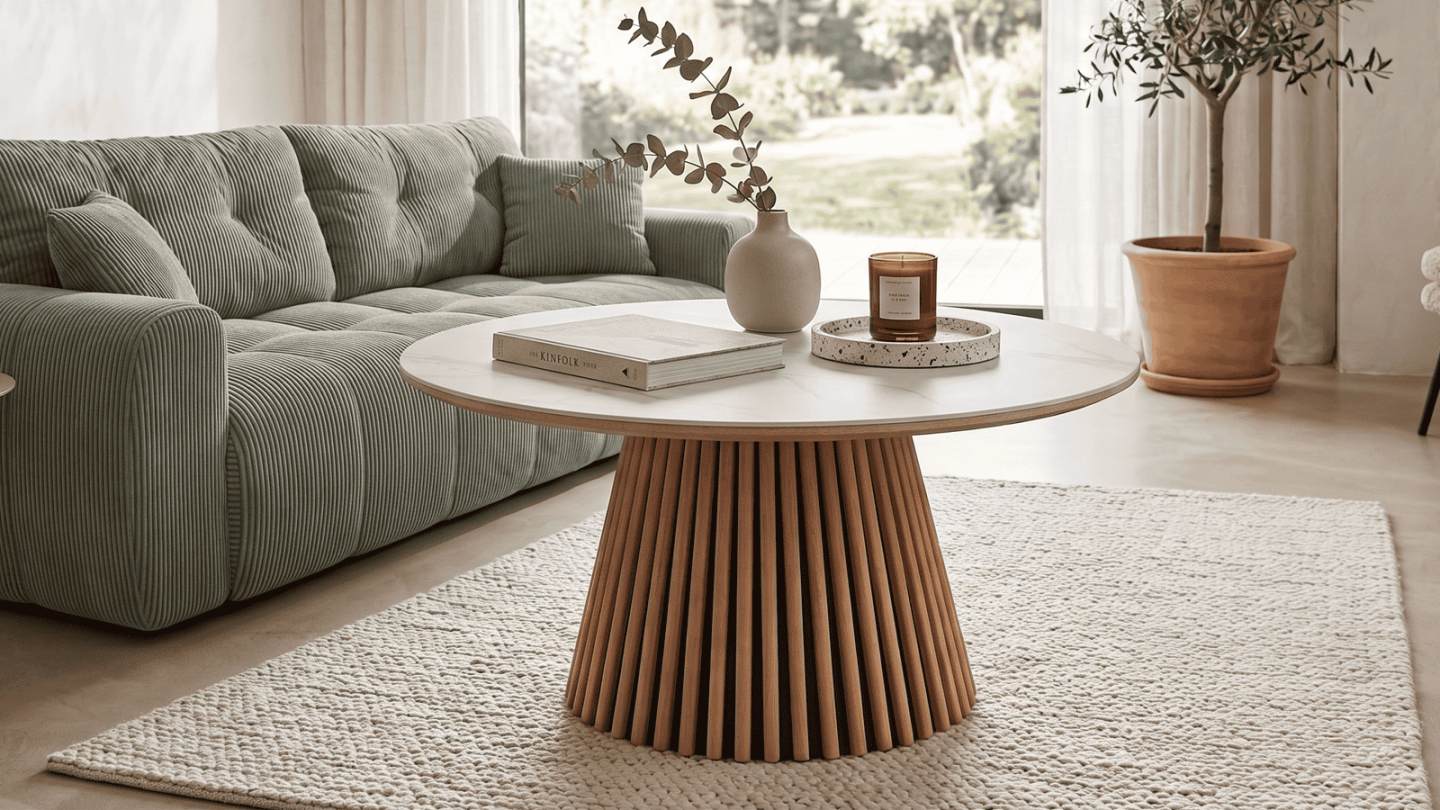 Table basse ronde plateau en céramique effet marbre et piètement bois clair - 80 cm- Ada Table basse ronde plateau en céramique effet marbre et piètement bois clair - 80 cm- Ada