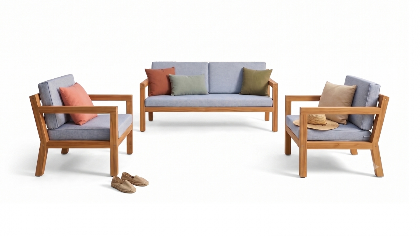 Salon de jardin 4 places en bois FSC - 1 canapé 2 places + 2 fauteuils - coussins gris chiné - Palau Salon de jardin 4 places en bois FSC - 1 canapé 2 places + 2 fauteuils - coussins gris chiné - Palau