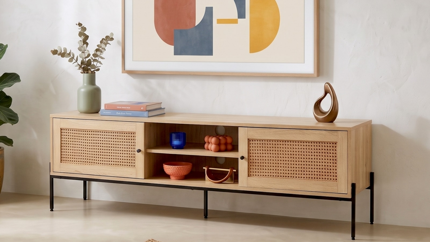 Meuble TV 2 portes en cannage naturel et effet chêne 160 cm - Iris Meuble TV 2 portes en cannage naturel et effet chêne 160 cm - Iris