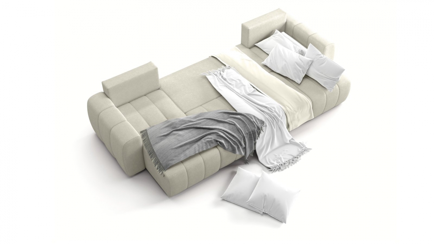 Canapé panoramique convertible 6 places en tissu chenille beige - Alba Canapé panoramique convertible 6 places en tissu chenille beige - Alba