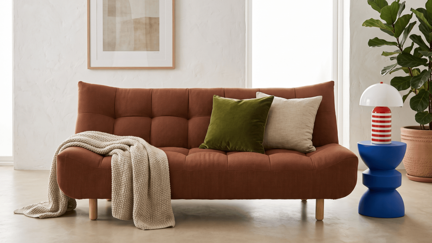 Canapé capitonné convertible 3 places en tissu chenille terracotta - Bumpy Canapé capitonné convertible 3 places en tissu chenille terracotta - Bumpy