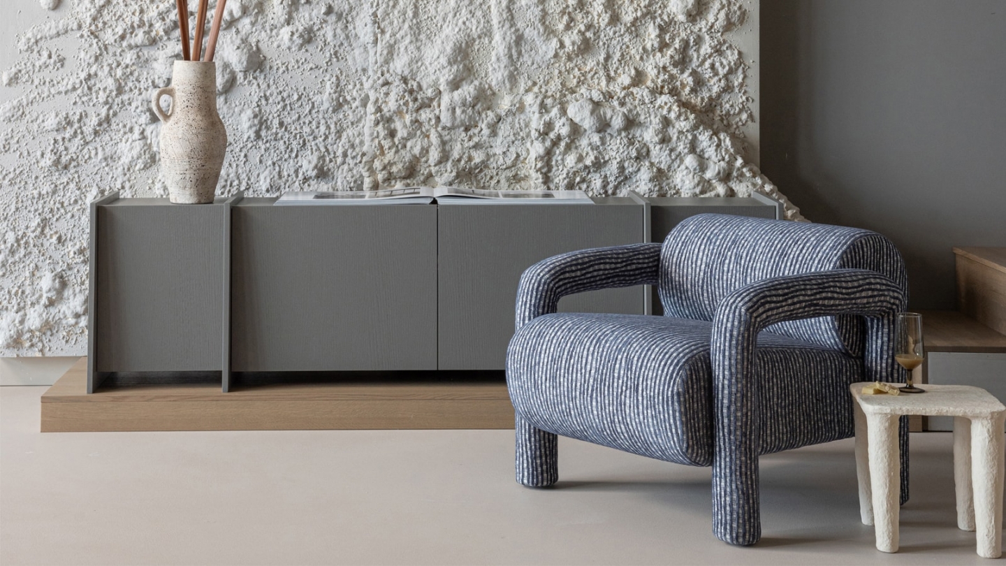 Fauteuil en tissu à motifs rayés gris/bleu - Lenny Fauteuil en tissu à motifs rayés gris/bleu - Lenny