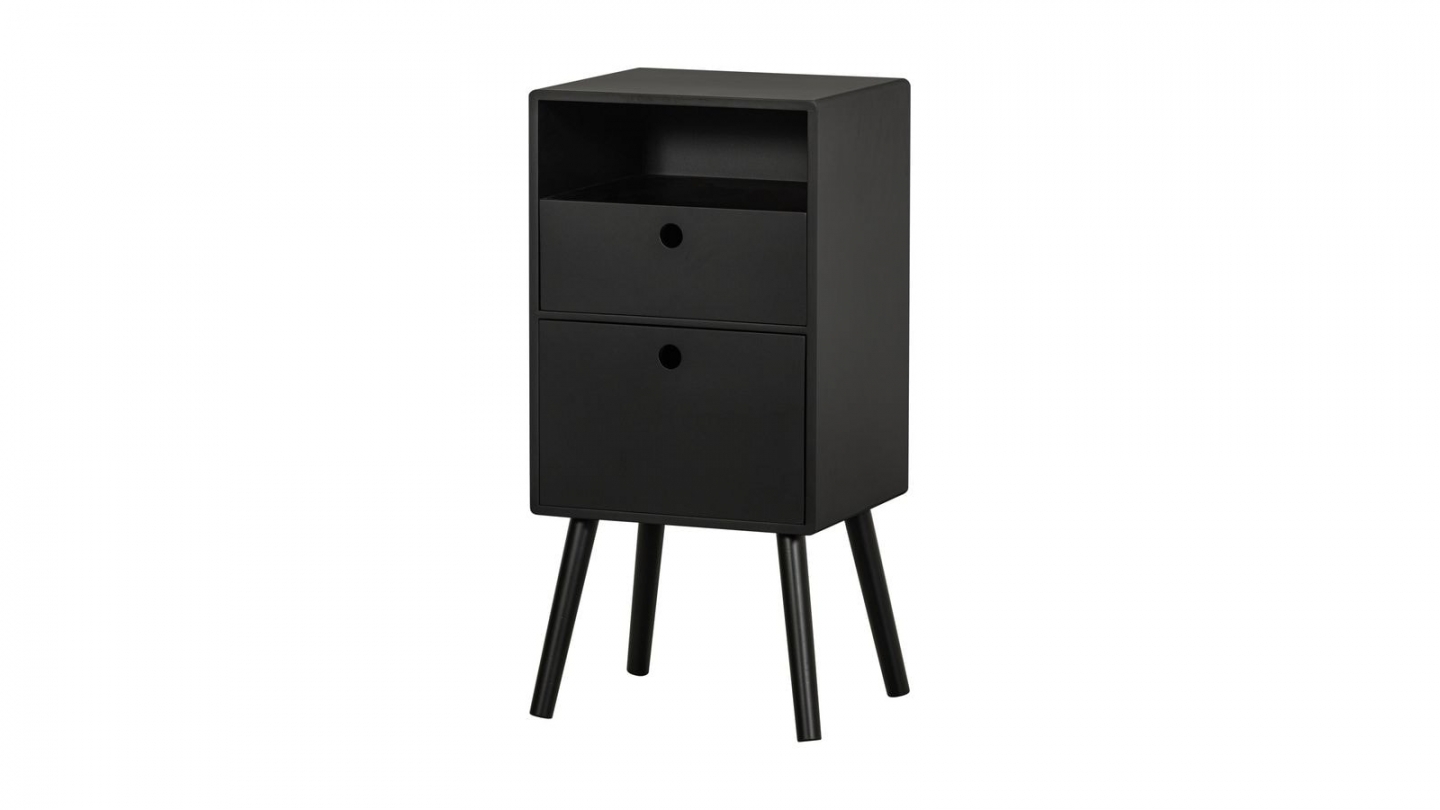 Table de chevet haut rétro 2 tiroirs 1 niche en bois laqué noir 36 cm - Ozzy Table de chevet haut rétro 2 tiroirs 1 niche en bois laqué noir 36 cm - Ozzy