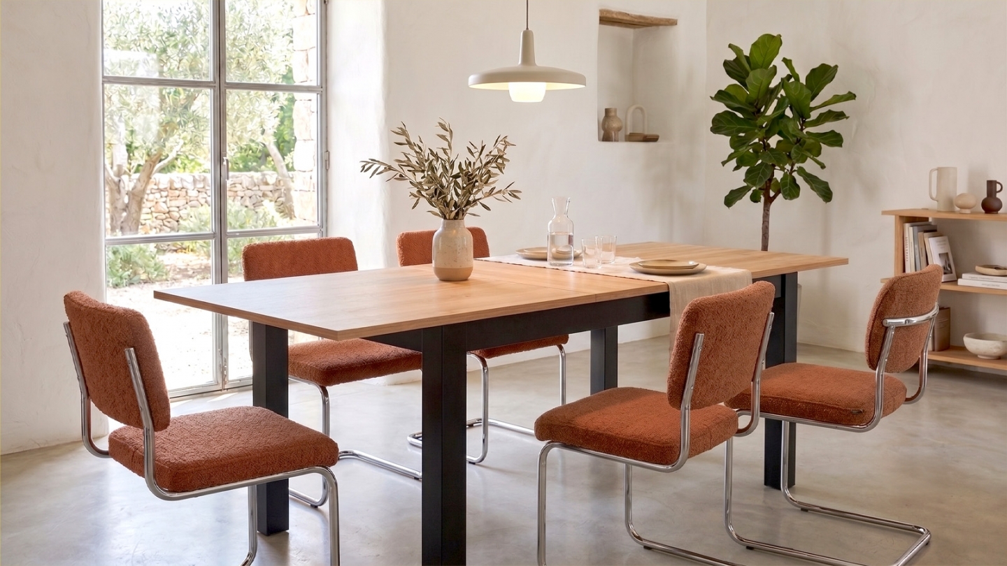 Table à manger extensible effet bois, piètement noir 140/180 cm - Lexi Table à manger extensible effet bois, piètement noir 140/180 cm - Lexi