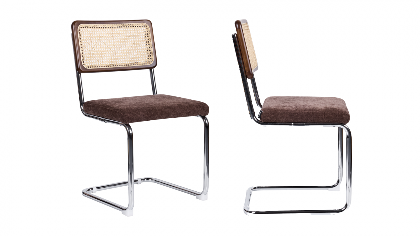 Lot de 2 chaises en cannage, tissu chenille marron et piètement chromé - Muse Lot de 2 chaises en cannage, tissu chenille marron et piètement chromé - Muse