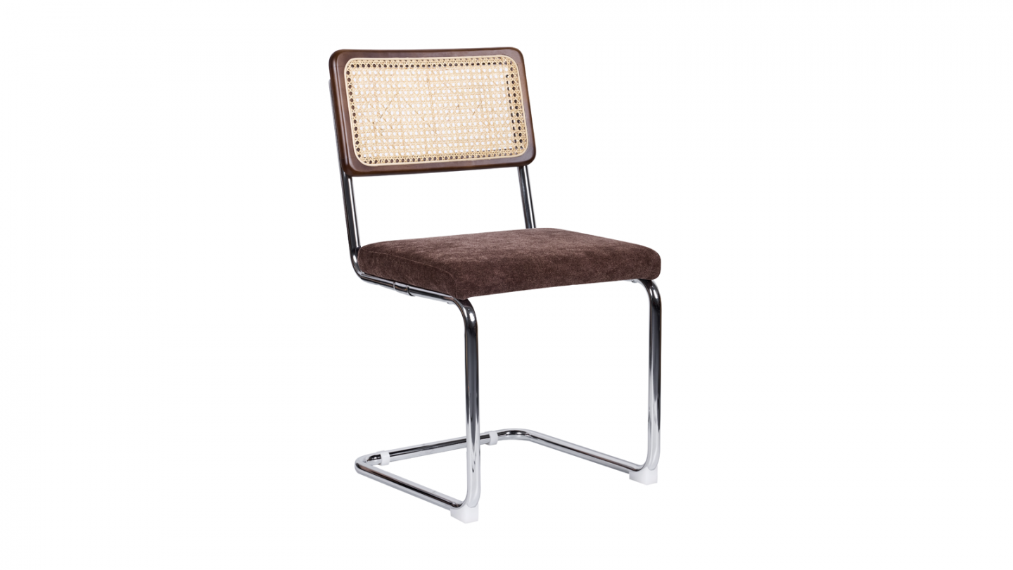 Lot de 2 chaises en cannage, tissu chenille marron et piètement chromé - Muse Lot de 2 chaises en cannage, tissu chenille marron et piètement chromé - Muse