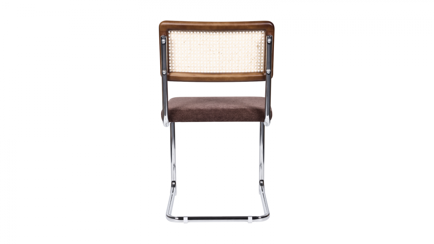 Lot de 2 chaises en cannage, tissu chenille marron et piètement chromé - Muse Lot de 2 chaises en cannage, tissu chenille marron et piètement chromé - Muse