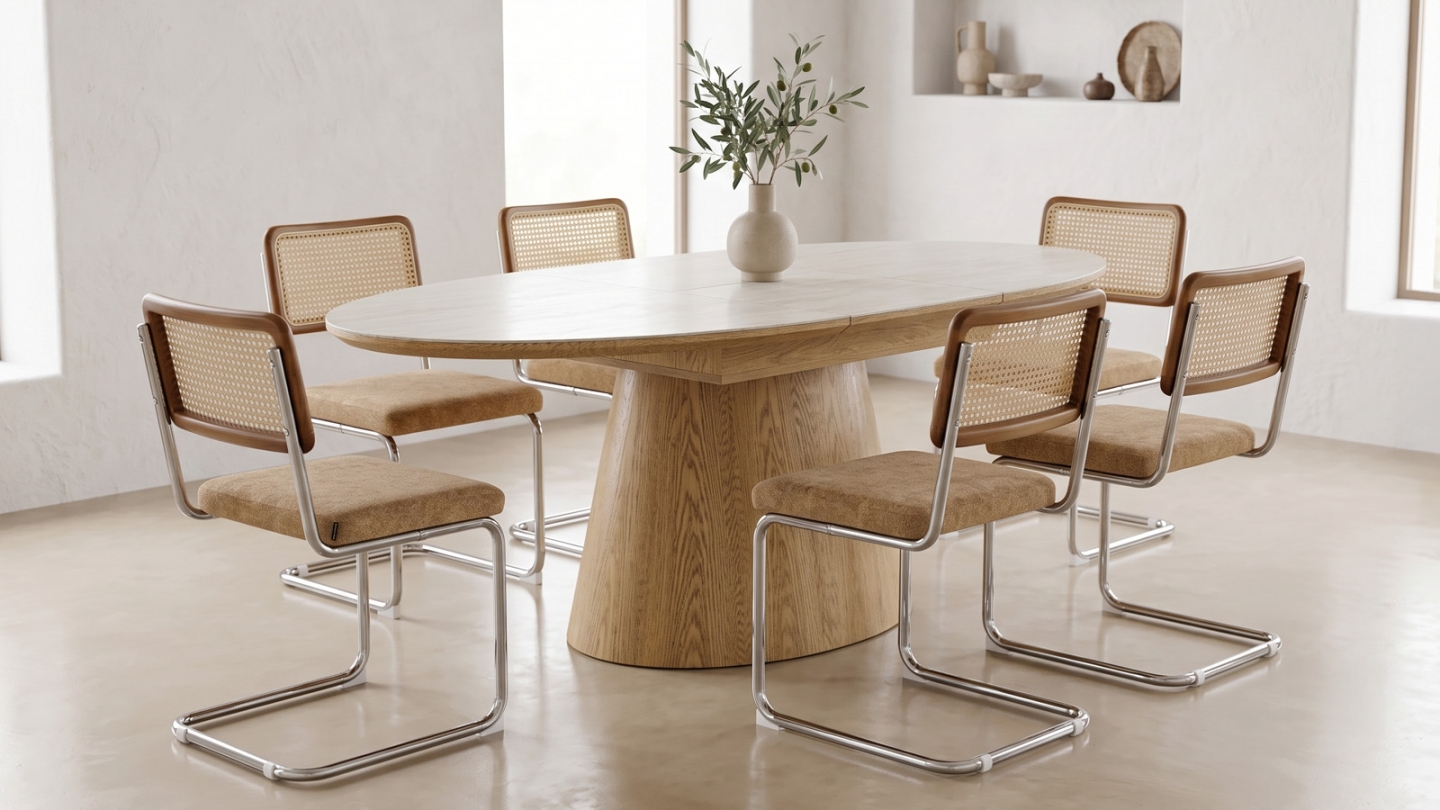 Table à manger extensible en chêne clair et céramique effet Travertin 6 à 8 personnes 170/220 cm - Ora Table à manger extensible en chêne clair et céramique effet Travertin 6 à 8 personnes 170/220 cm - Ora
