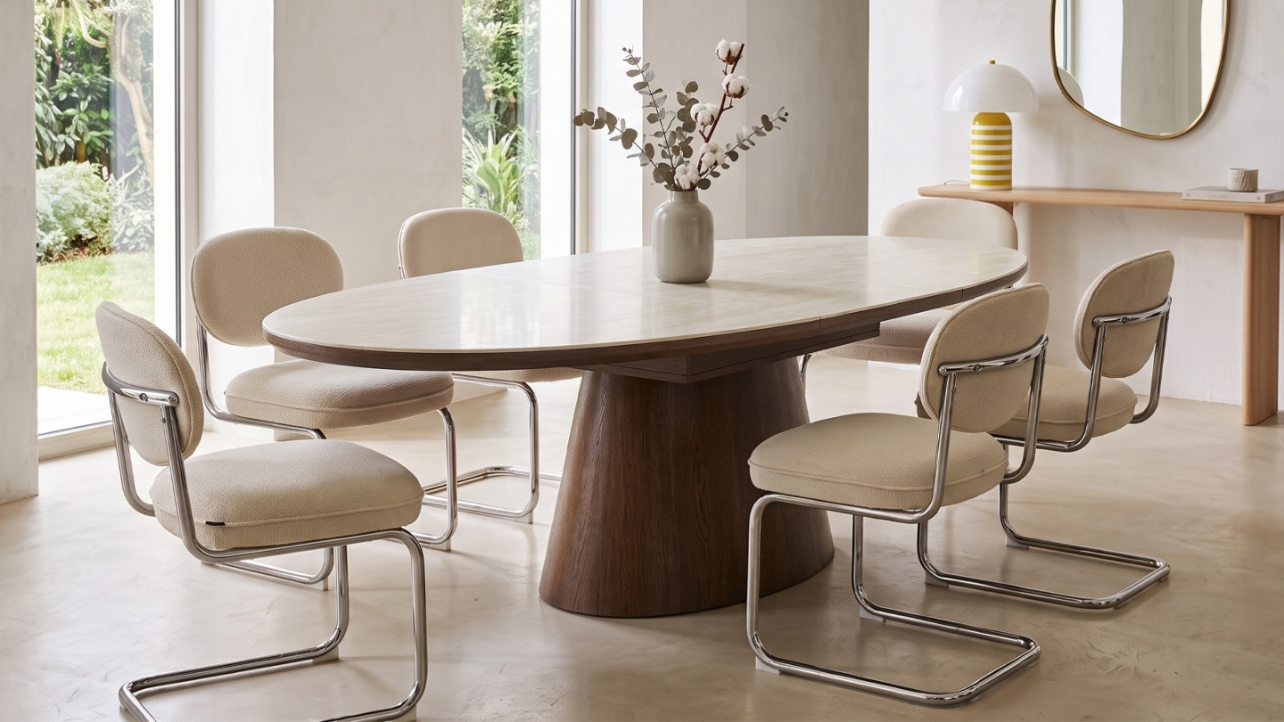 Table à manger extensible en chêne foncé et céramique effet Travertin 6 à 8 personnes 170/220 cm - Ora Table à manger extensible en chêne foncé et céramique effet Travertin 6 à 8 personnes 170/220 cm - Ora
