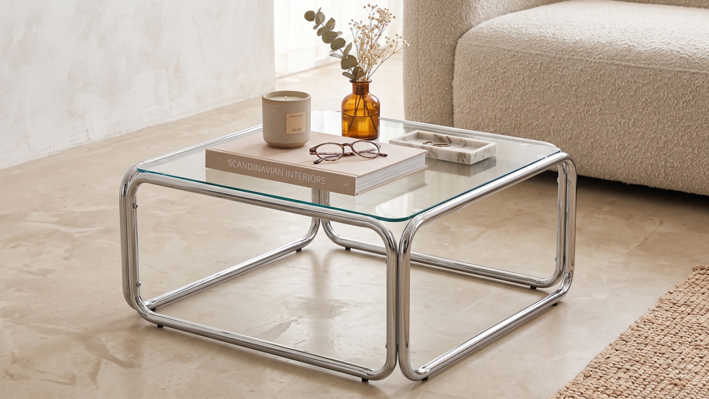 Table basse carrée en acier chromé et verre trempé 85x85 cm - Spritz Table basse carrée en acier chromé et verre trempé 85x85 cm - Spritz