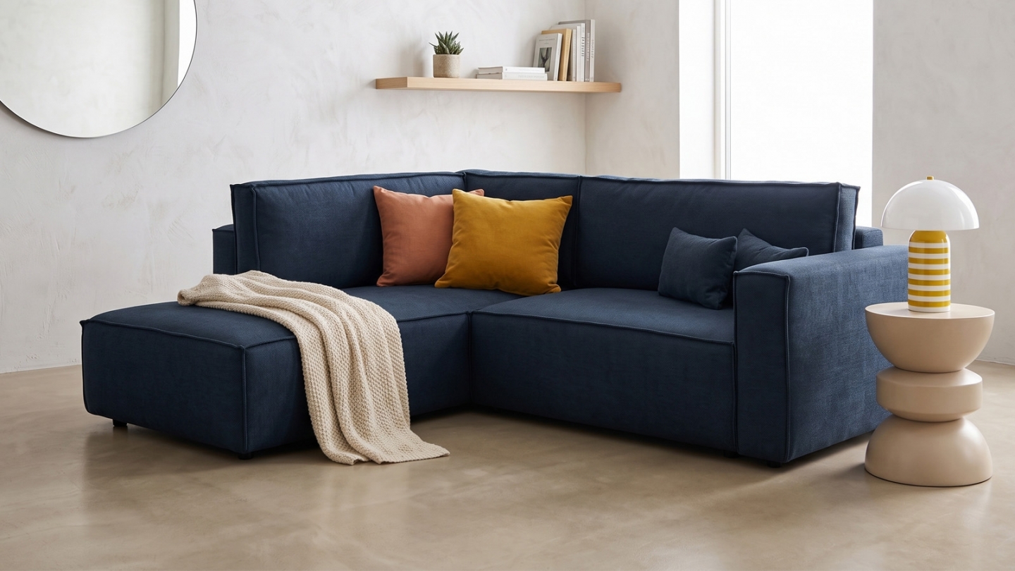 Canapé d'angle ouvert à gauche convertible 3 places en tissu chenille bleu foncé - Emma Canapé d'angle ouvert à gauche convertible 3 places en tissu chenille bleu foncé - Emma