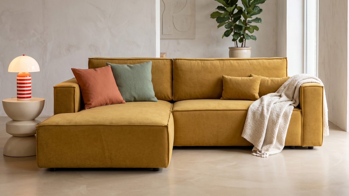 Canapé d'angle ouvert à gauche convertible 3 places en tissu chenille jaune moutarde - Emma Canapé d'angle ouvert à gauche convertible 3 places en tissu chenille jaune moutarde - Emma
