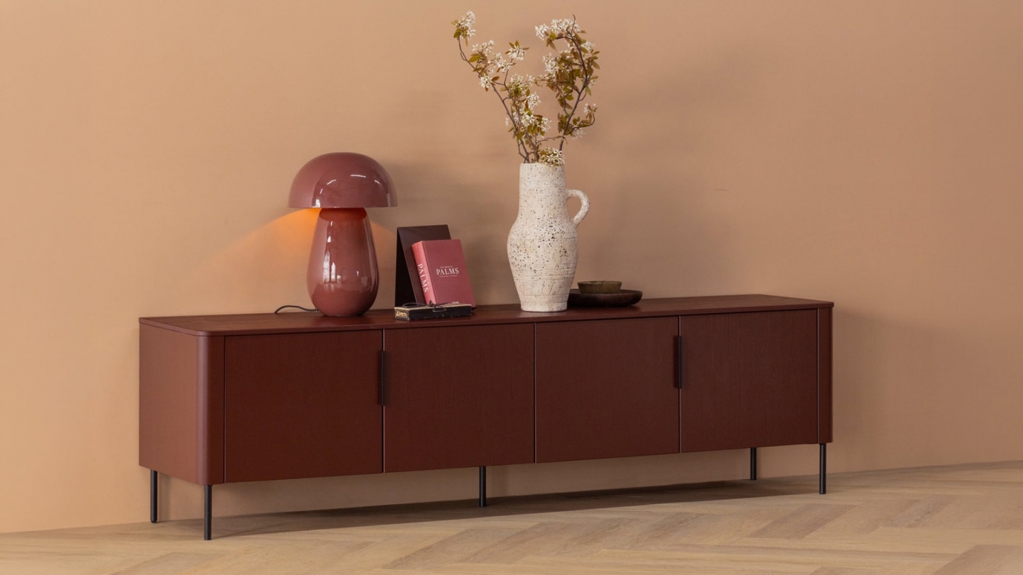 Meuble TV en pin cannelé bordeaux 200 cm - Gunnar Meuble TV en pin cannelé bordeaux 200 cm - Gunnar
