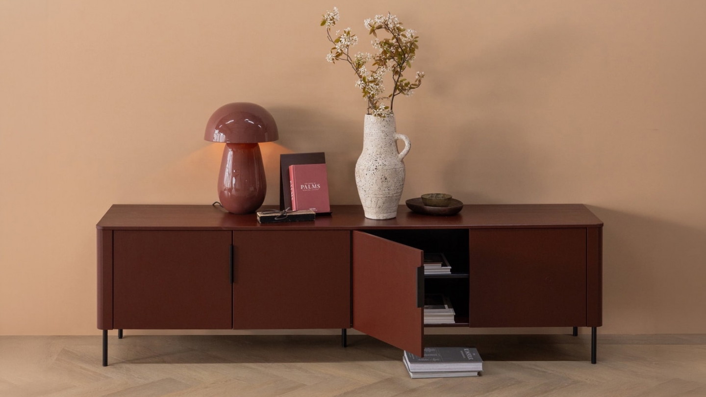 Meuble TV en pin cannelé bordeaux 200 cm - Gunnar Meuble TV en pin cannelé bordeaux 200 cm - Gunnar