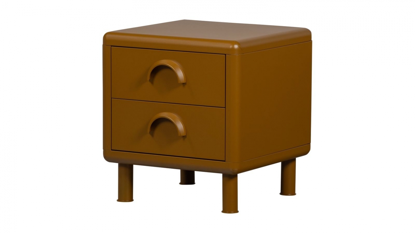 Table de chevet 2 tiroirs arrondie en métal jaune miel 45 cm - Rune Table de chevet 2 tiroirs arrondie en métal jaune miel 45 cm - Rune
