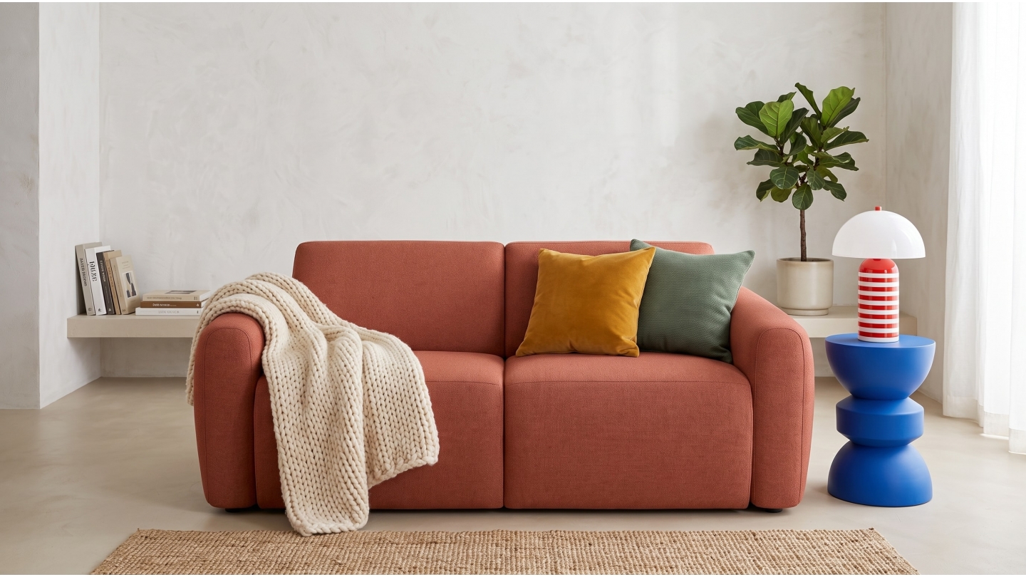 Canapé droit convertible 3 places en tissu chenille terracotta - ouverture express - Suzie Canapé droit convertible 3 places en tissu chenille terracotta - ouverture express - Suzie