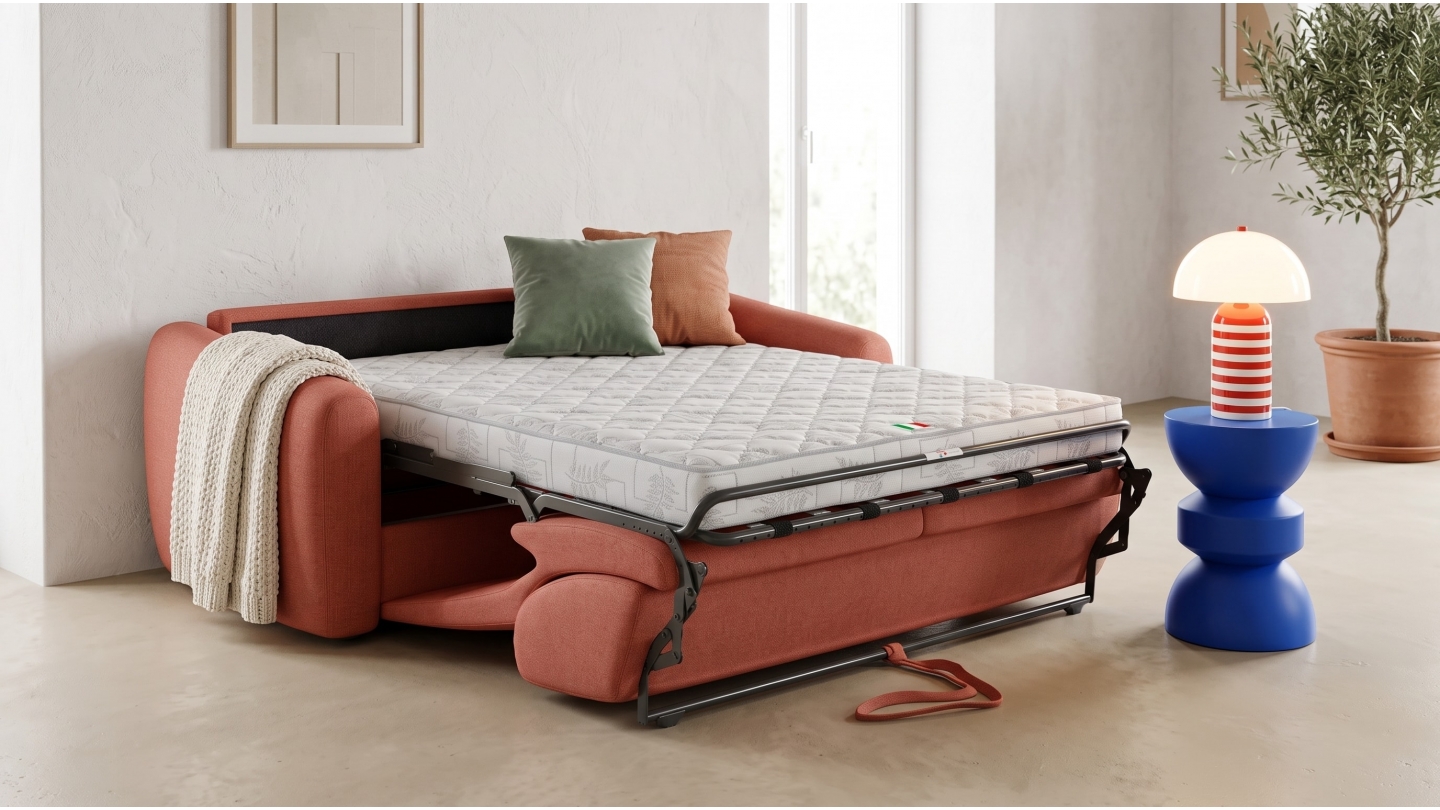 Canapé droit convertible 3 places en tissu chenille terracotta - ouverture express - Suzie Canapé droit convertible 3 places en tissu chenille terracotta - ouverture express - Suzie